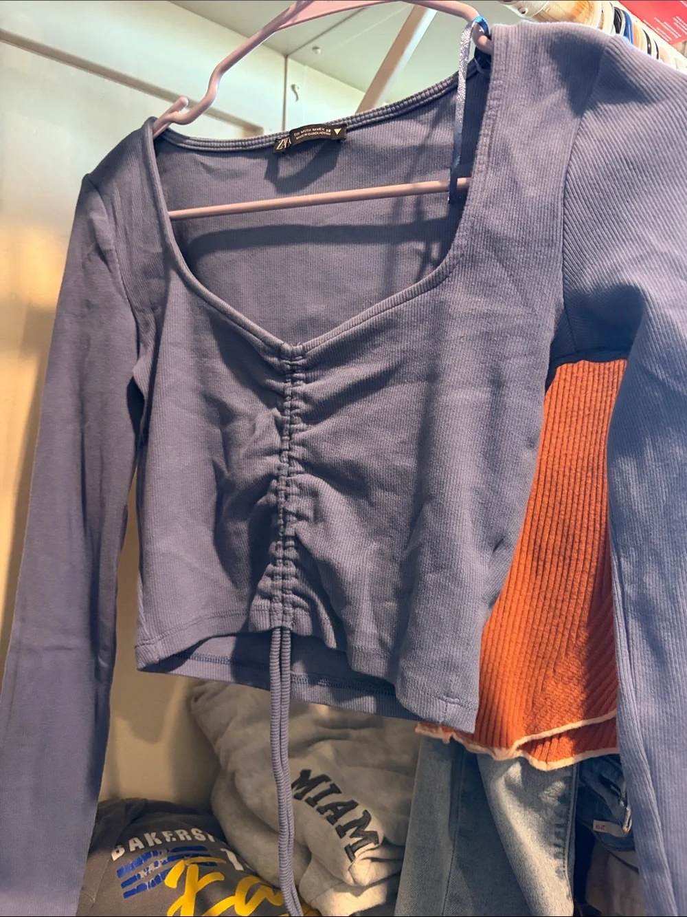 Zara Slate-Blue Ruched Square-Neck Long-Sleeve Top